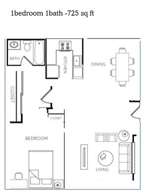 A floor plan of a one bedroom, one bath, 725 square foot apartment.